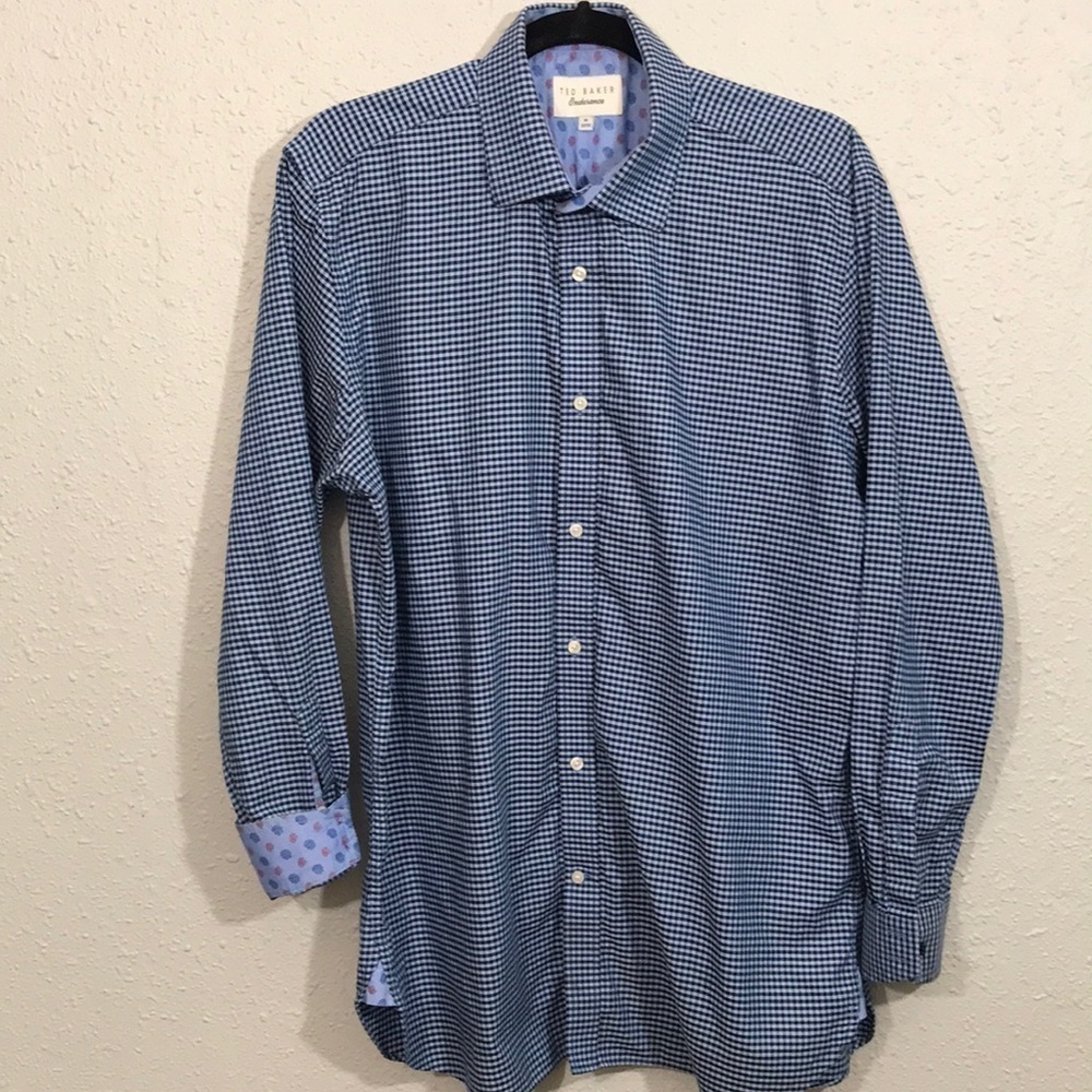 Ted Baker Endurance Blue Check Turn Cuff Long Sleeve Dress Shirt size 16.  32/33
